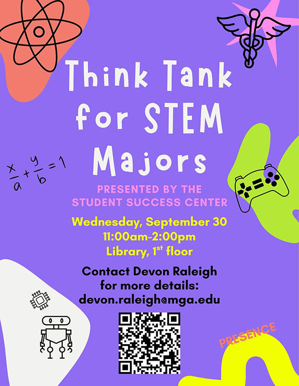 Flyer presented by the Student Success Center for "Think Tank for STEM Majors" on Wednesday, September 30, from 11:00 AM to 2:00 PM on the 1st floor of the library, featuring STEM-themed icons and contact information for Devon Raleigh.   